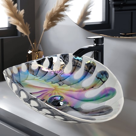 Ruvati 19 inch Murano Glass Art Vessel Seashell Decorative Pattern Bathroom Sink Spira Luxe Pearl White RVB3031